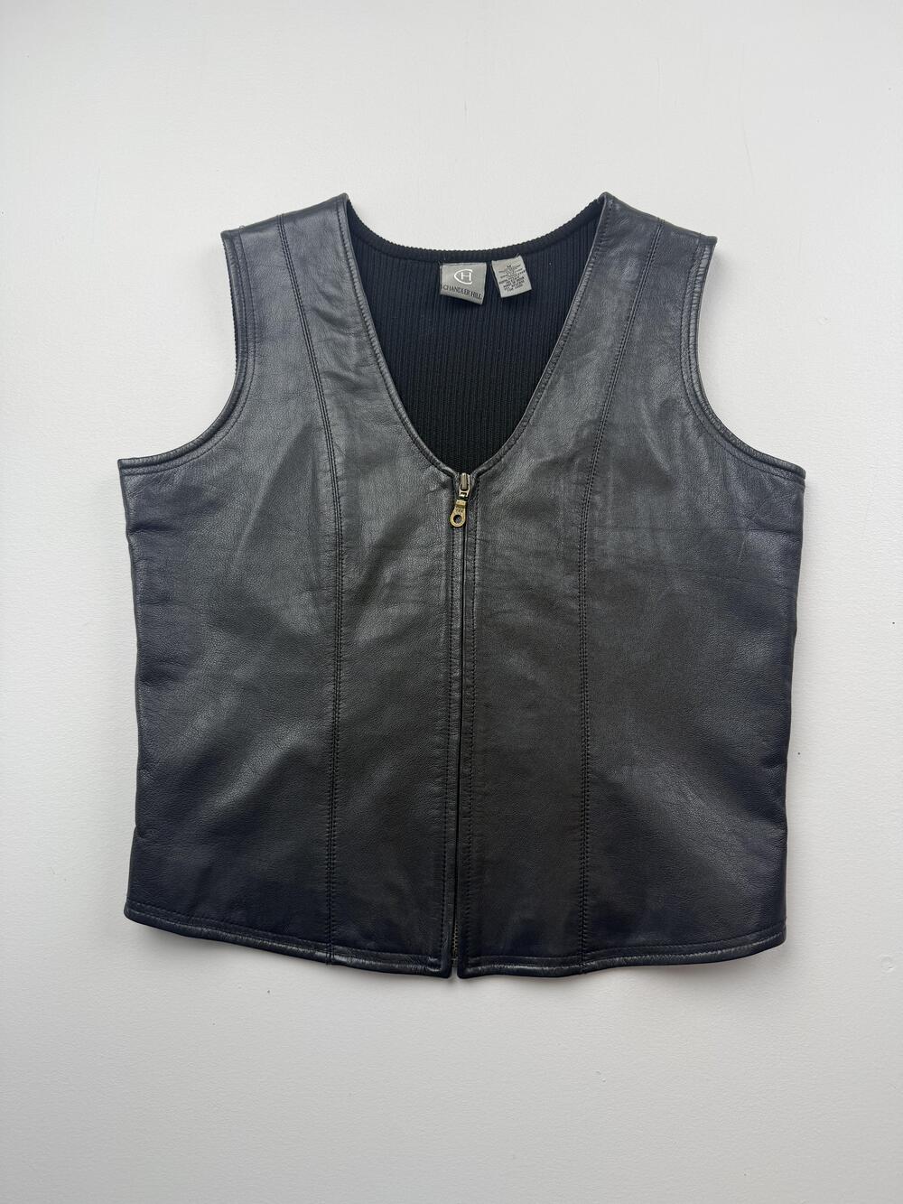 Chandler Hill Vest Womens Medium Black Leather Knit Full Zip Sleeveless V Neck
